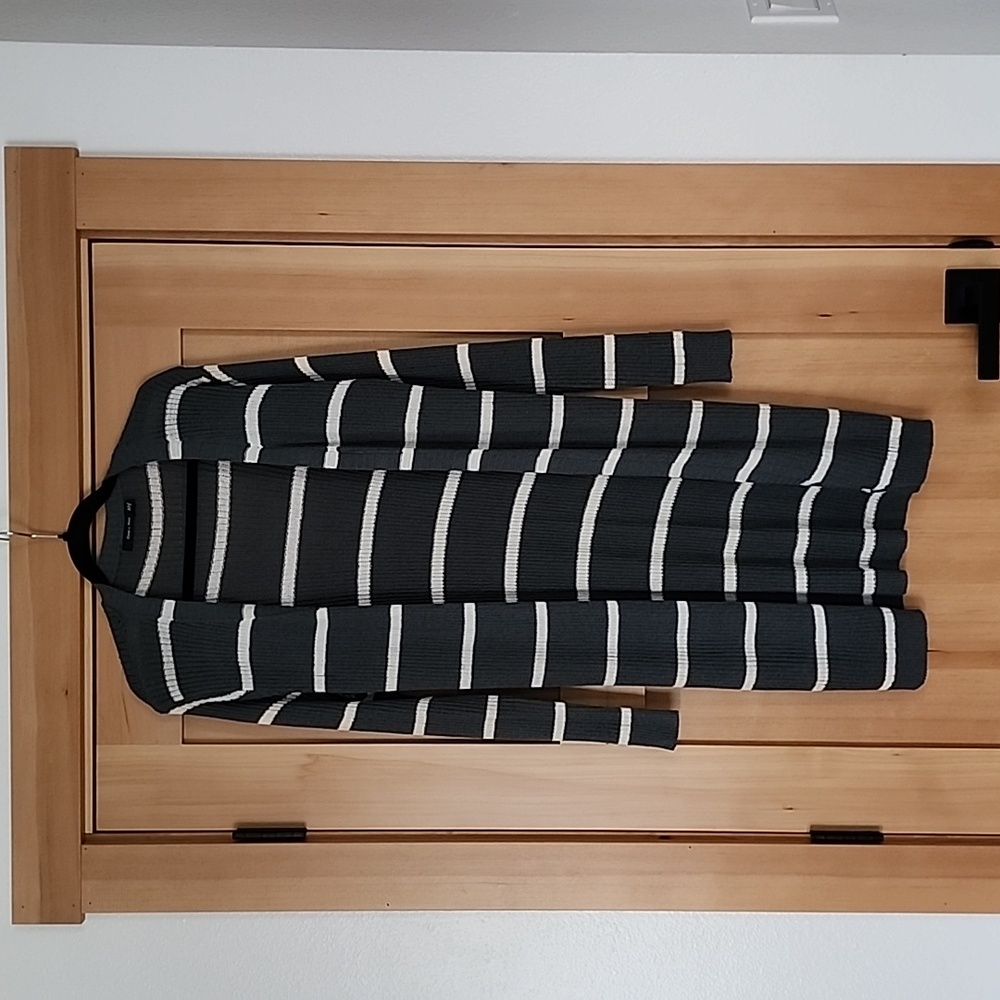 Gray with White Stripes Long Cardigan